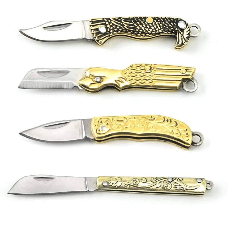 Brass mini folding knife keychain pendant with 3cm blade and brass handle