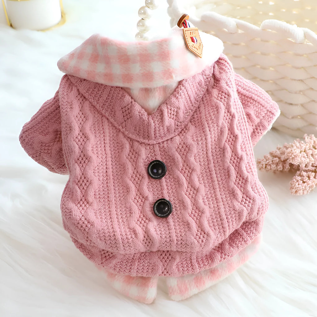 Blue plaid wool dog sweater with fleece lining on small breed dog