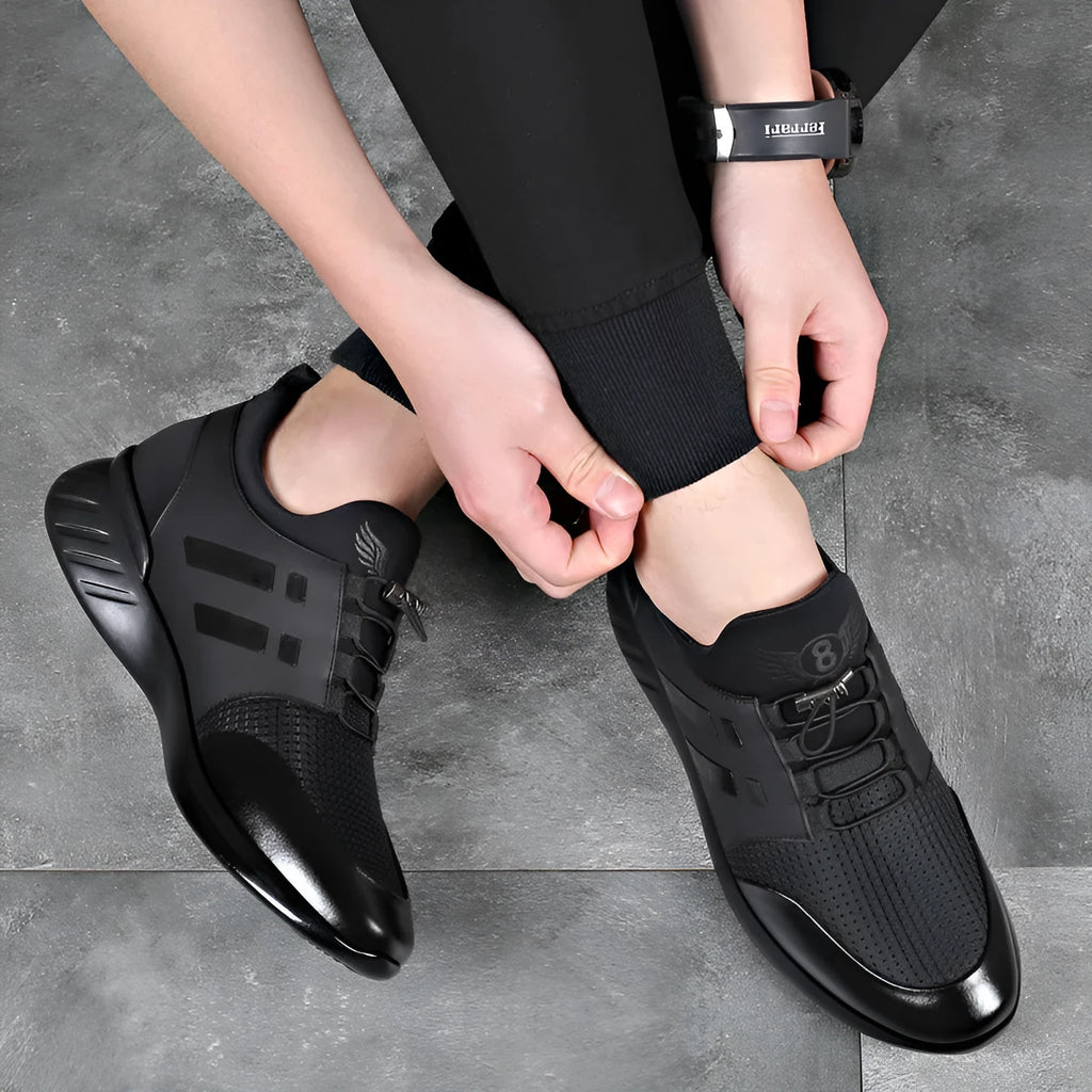 Men's black casual height increasing shoes with round toe and chunky heel in leather, mesh, or Lycra options.