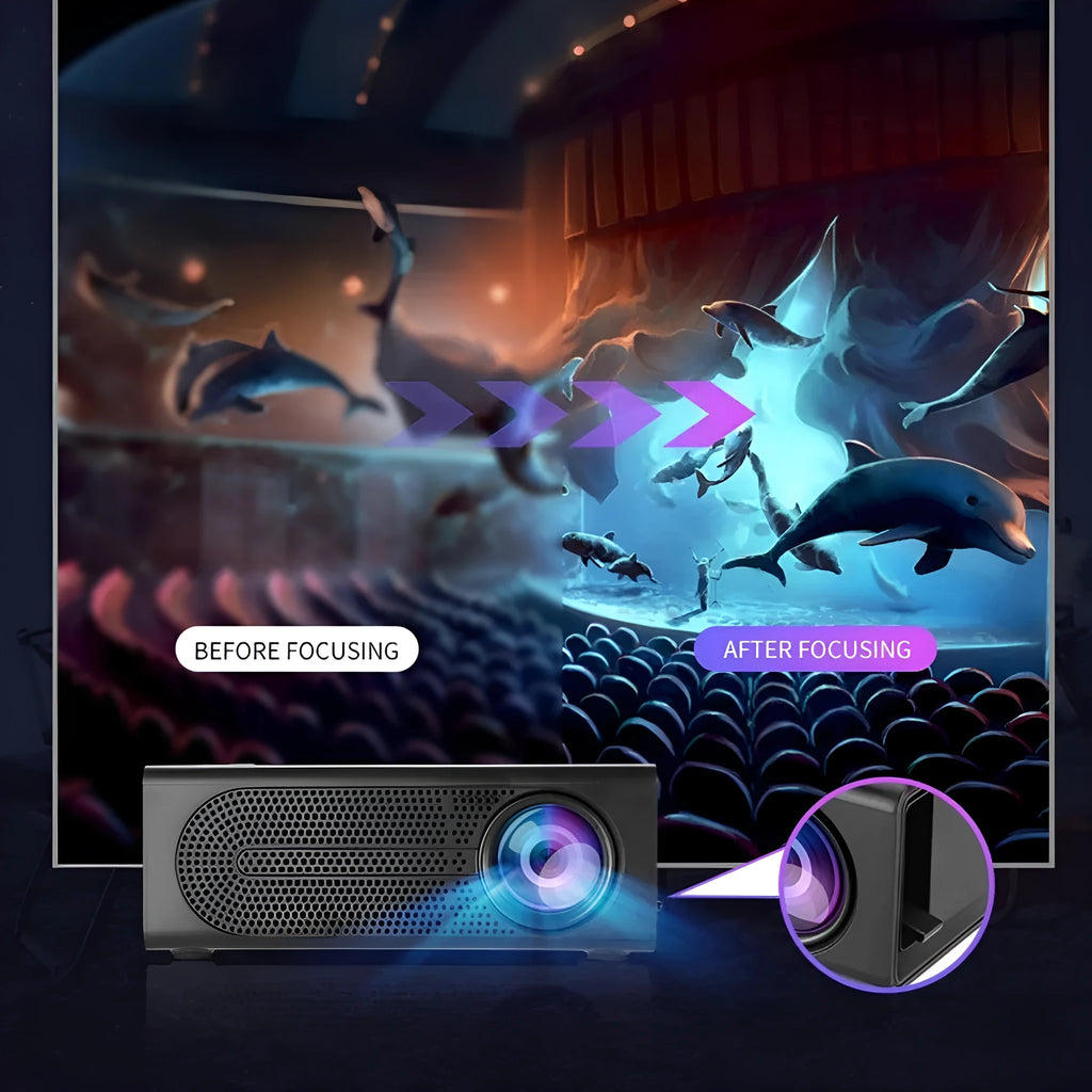 Black or white portable mini projector with wired mobile phone connection showing 320x240 resolution display
