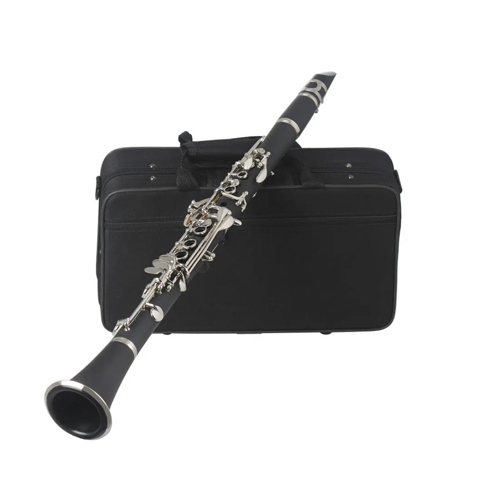 Black bakelite beginner clarinet with nickel-plated 17 keys and a included instrument bag.