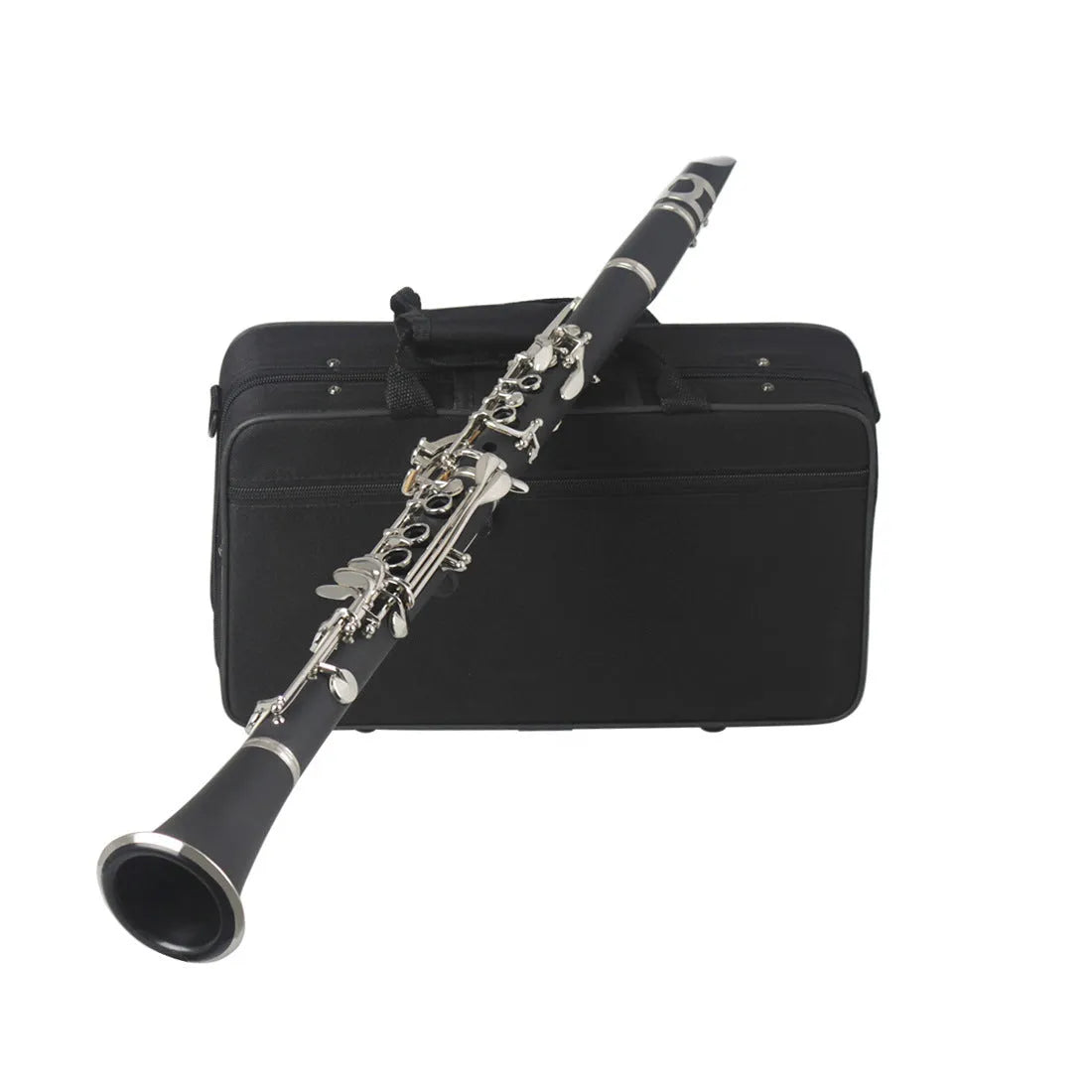 Black bakelite beginner clarinet with nickel-plated 17 keys and a included instrument bag.
