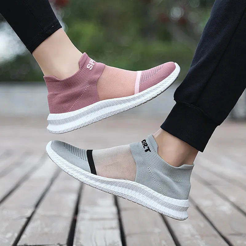 Casual Flyknit sock shoes in khaki colour with round toe and flat low heel.
