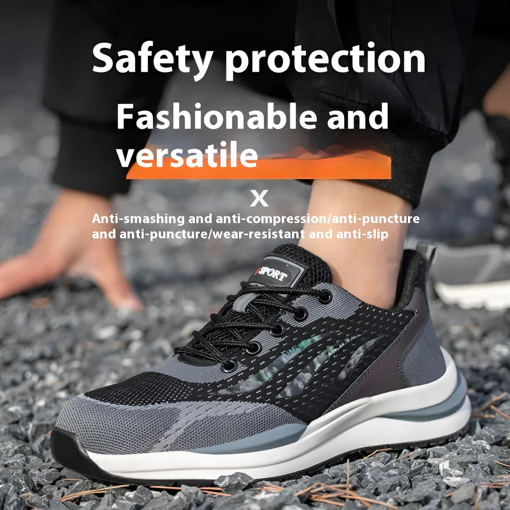 Men's black grey electrician safety shoes with plastic toe protection and shoelace binding