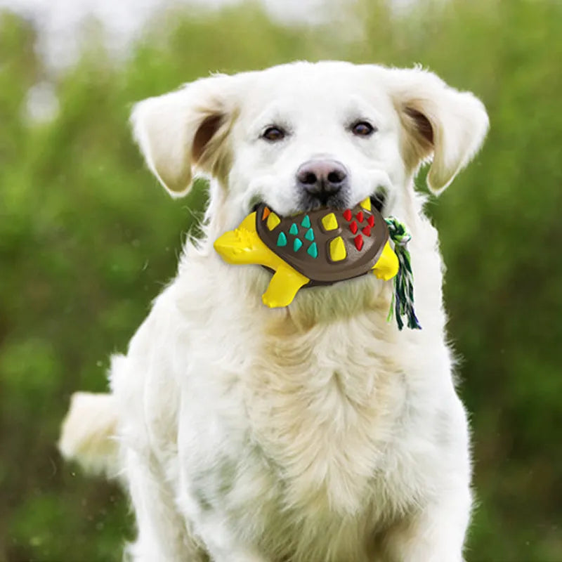 Natural rubber dog toothbrush chew toy with dinosaur design and tug-of-war tail in mint flavour