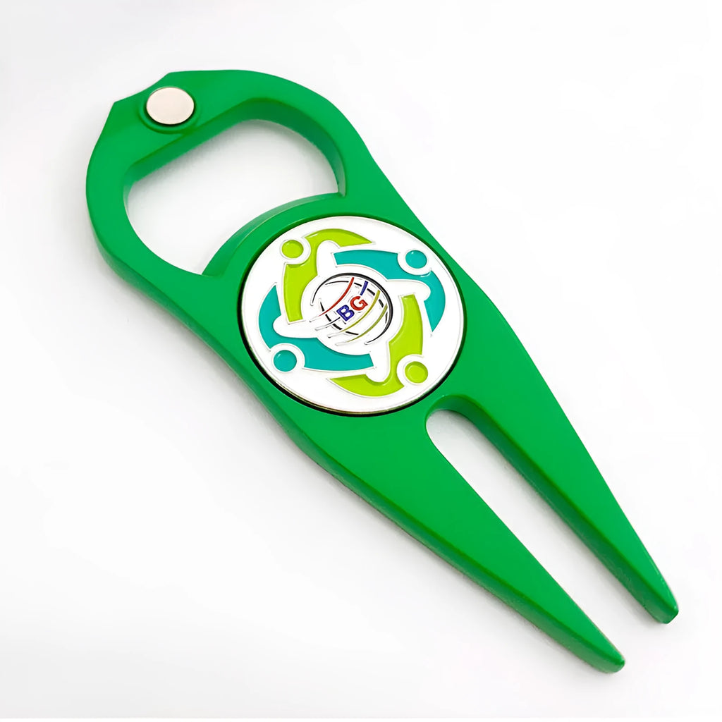 Zinc alloy golf ball yoke bottle opener tool with ball coin in black, green or silver colours