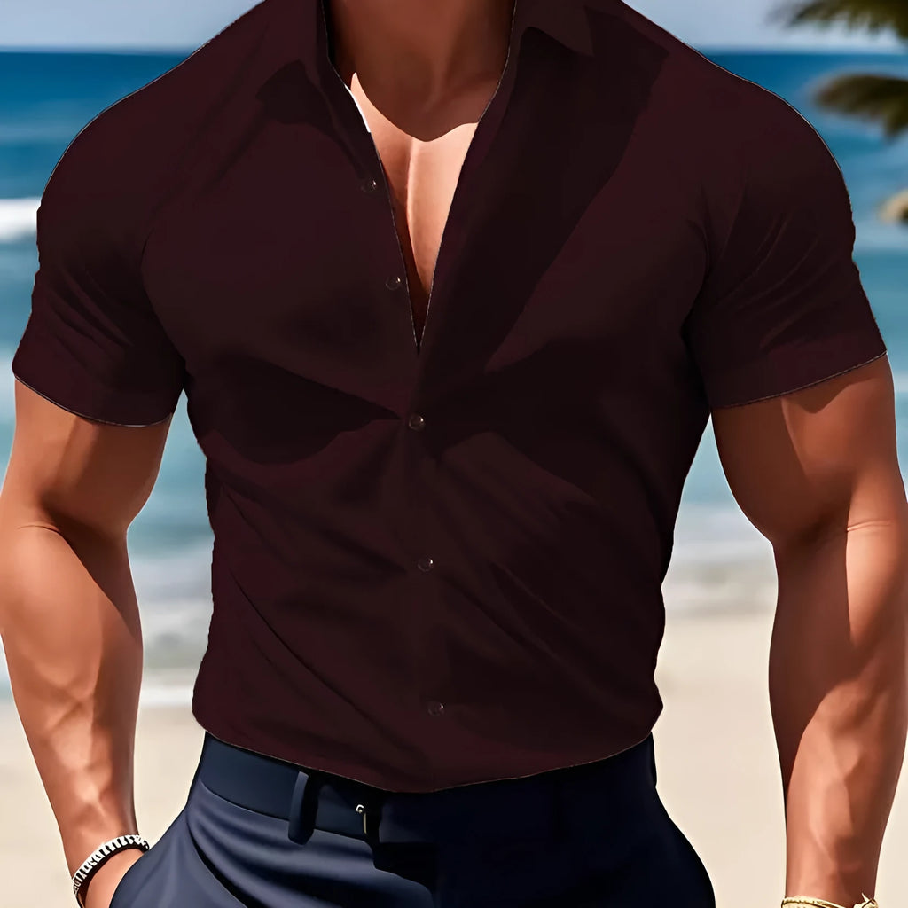 Men's short sleeve printed shirt with collar in polyester fabric available in multiple colours and sizes