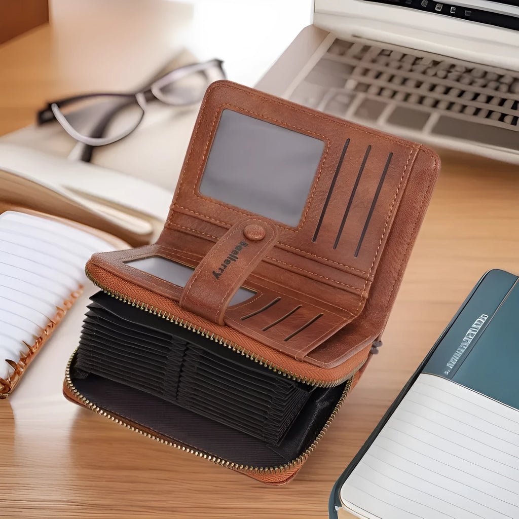 Women's black PU leather zipper coin purse wallet open to show card slots and coin compartment.