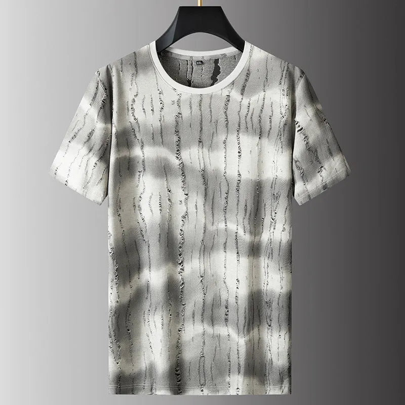 Men's plus size grey silk t-shirt with round neck and short sleeves on hanger
