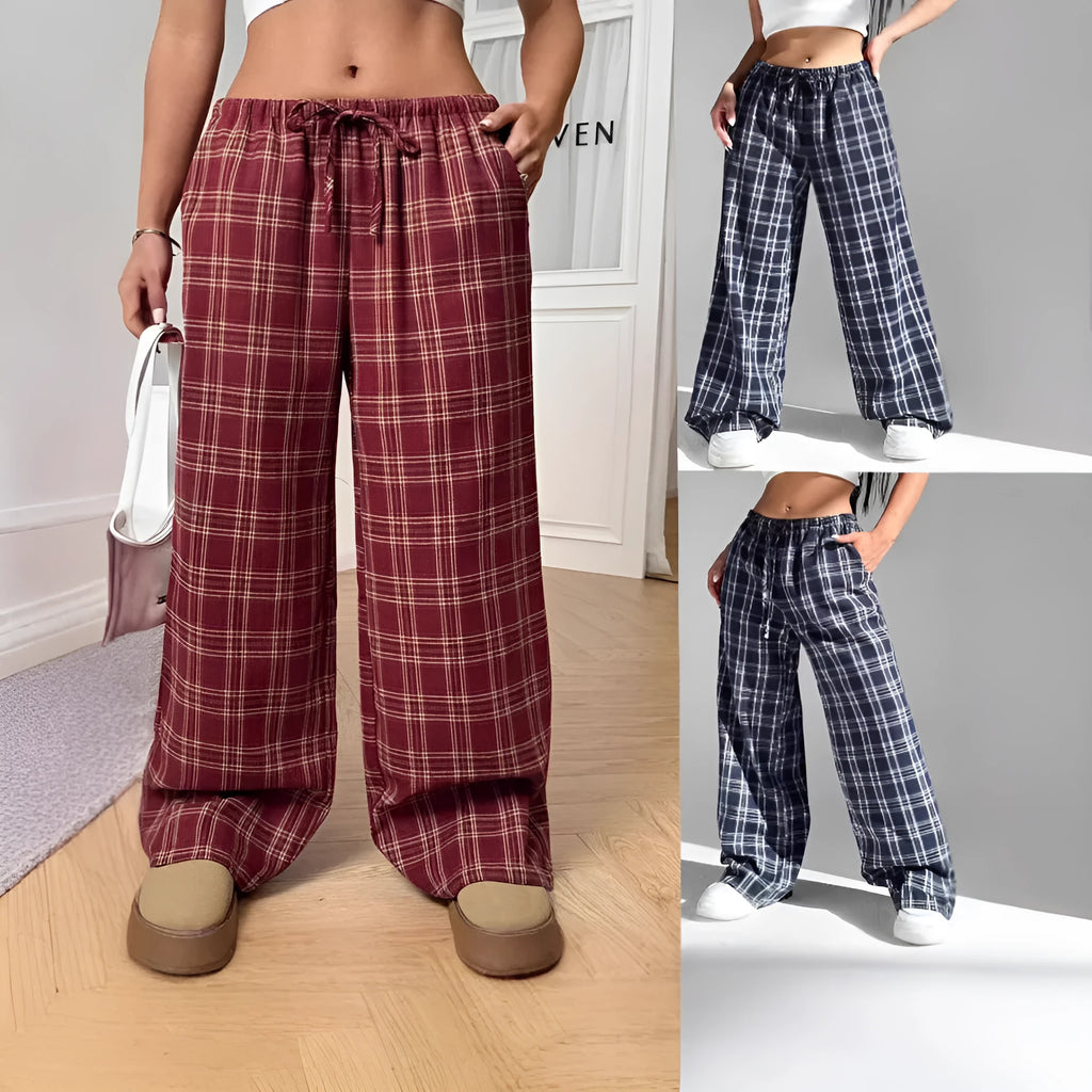 Women's loose fit casual trousers with drawstring waist and plaid pockets in polyester fabric