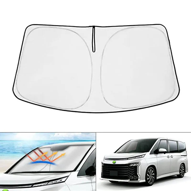 Silver reflective car sunshade for Toyota Noah/Voxy 90 series windshield.