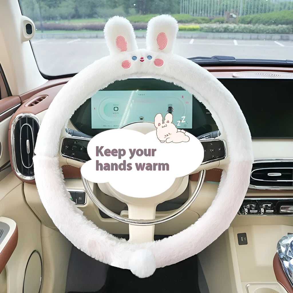 Plush winter steering wheel cover with embroidered cartoon bear design, sized for 38cm diameter wheels.