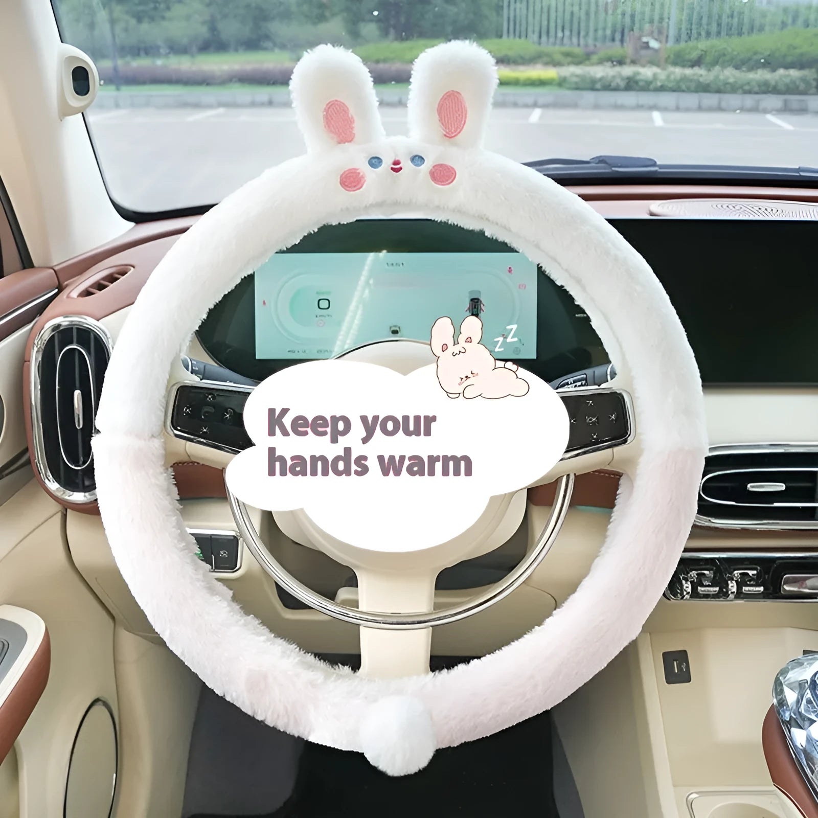 Plush winter steering wheel cover with embroidered cartoon bear design, sized for 38cm diameter wheels.