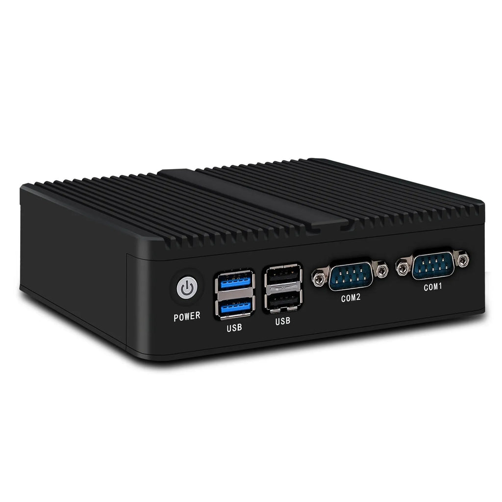 Industrial fanless mini host computer measuring 13.6x12.7x4cm with dual network ports