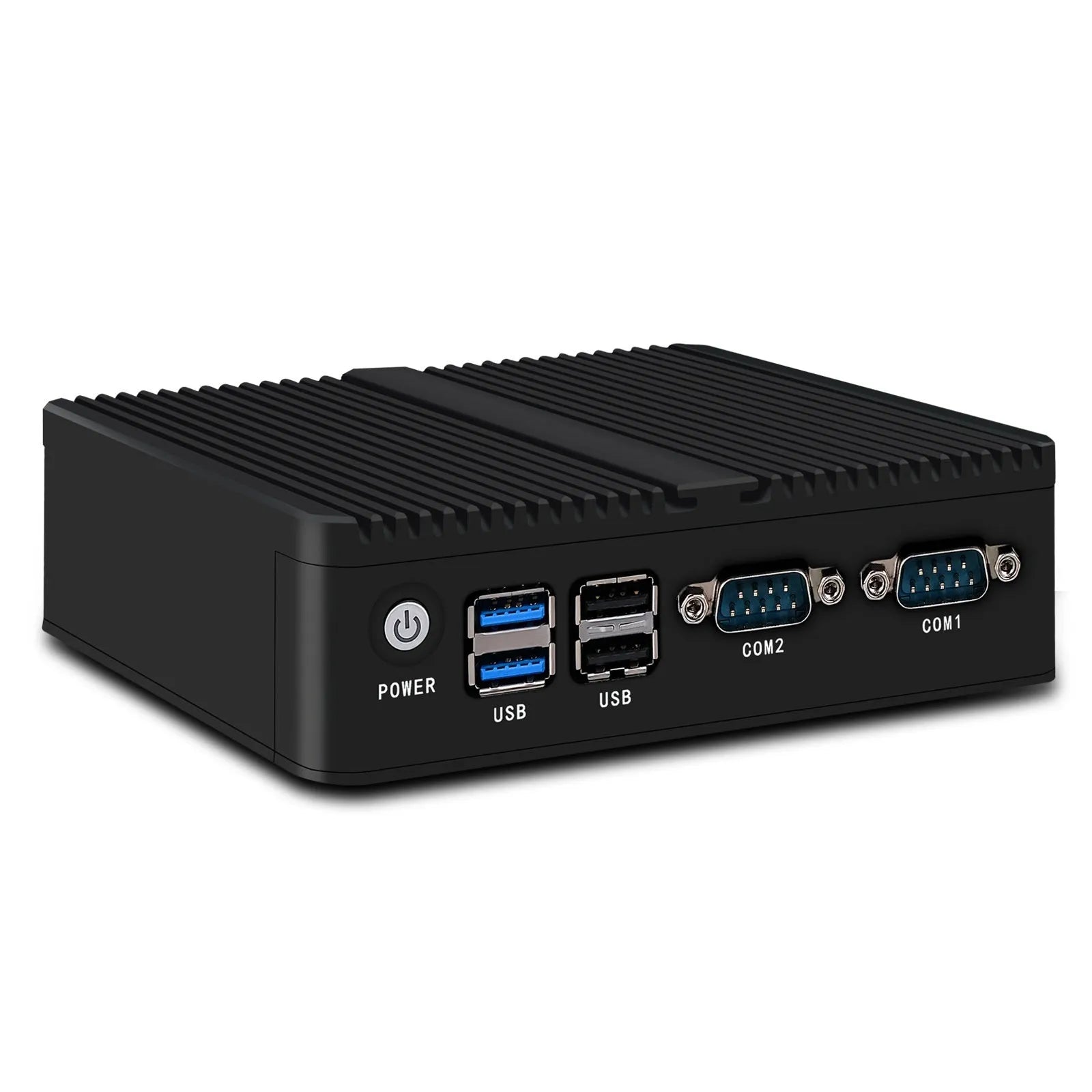 Industrial fanless mini host computer measuring 13.6x12.7x4cm with dual network ports