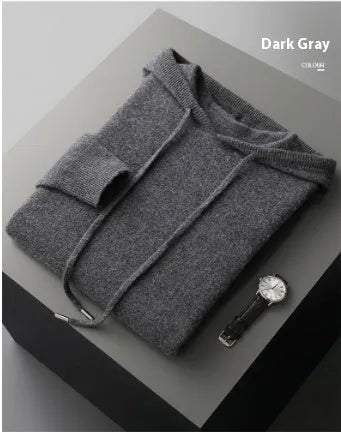 Men's light grey hooded knitted sweatshirt and matching long trousers casual set.
