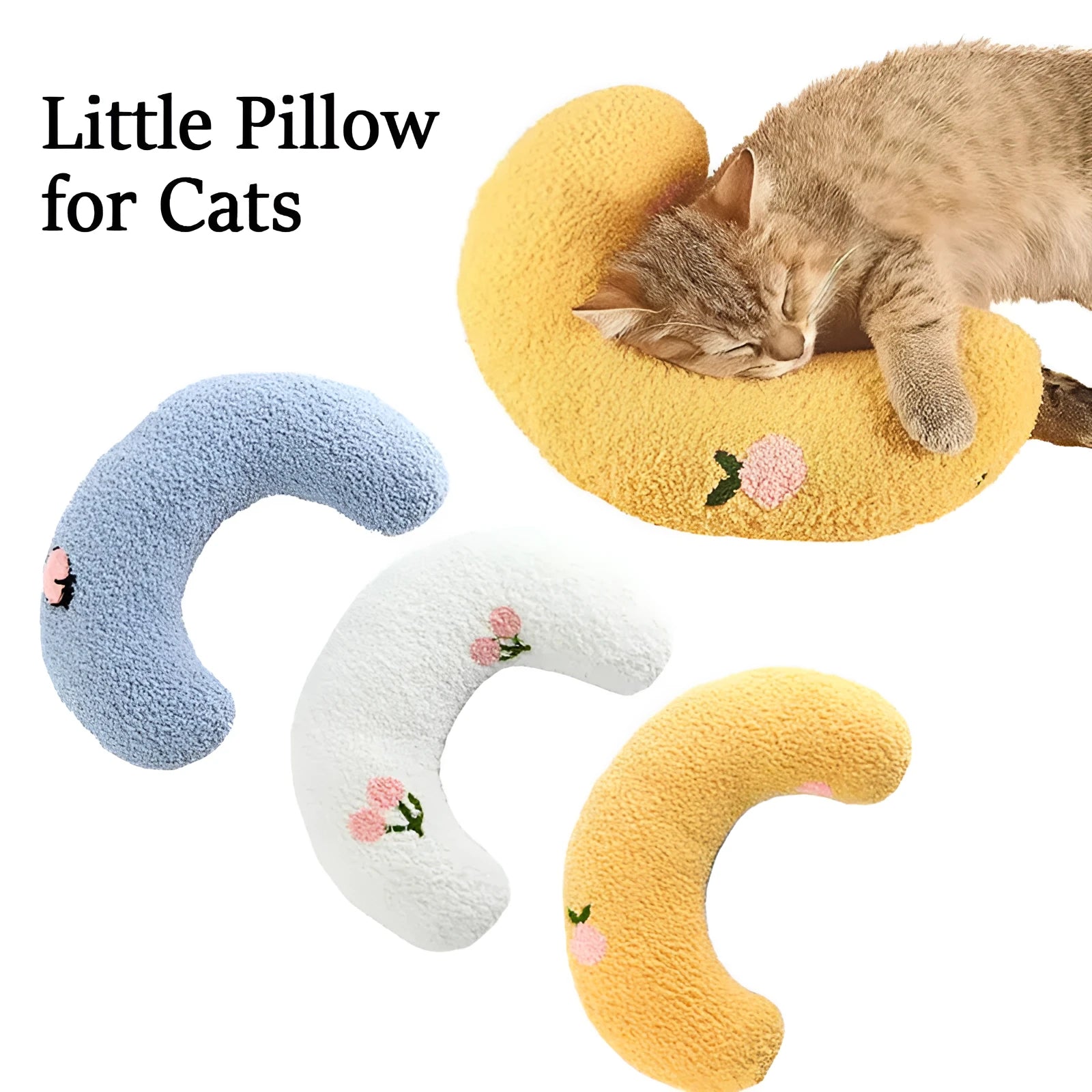 Blue U-shaped plush pet pillow for a small dog or cat, showing raised rim and quilted texture.
