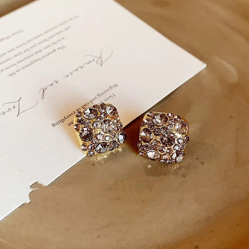 Pair of black full diamond micro inlaid zircon square earrings in E6449 gold for women, geometric chamfered style