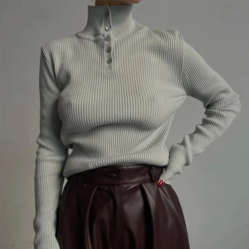 Womens slim fit half turtleneck single-breasted pullover sweater in silver grey colour