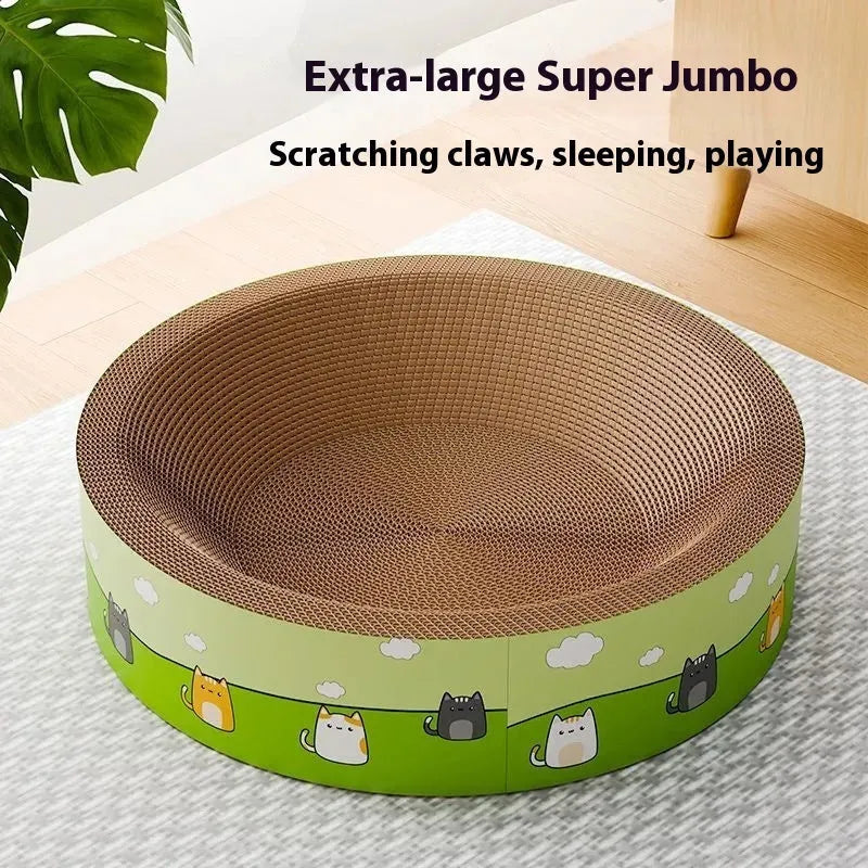Large round grey cat scratch board with deep pit texture, shown next to a cat.