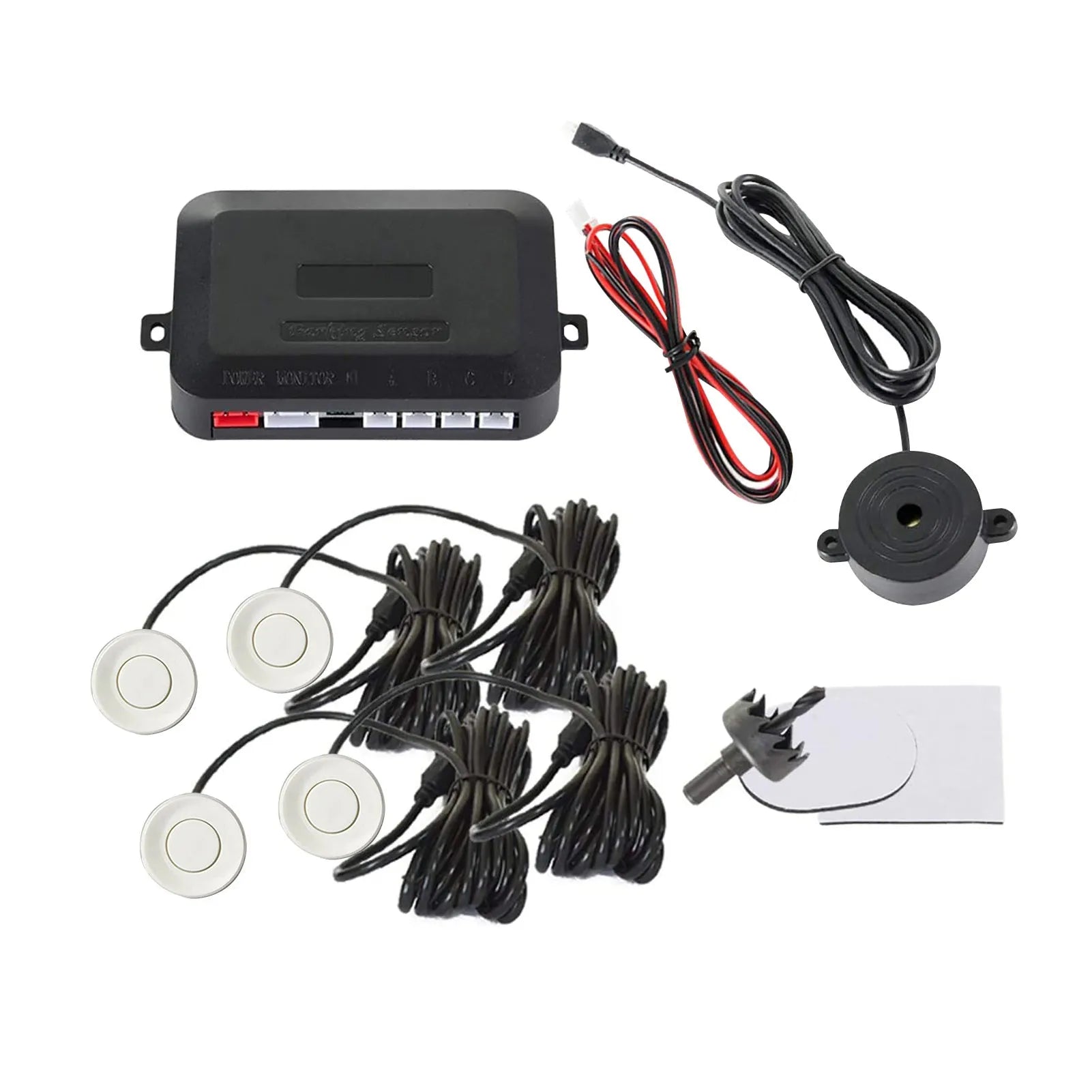 Four ultrasonic parking sensors and buzzer unit for car reversing radar kit with hole saw.