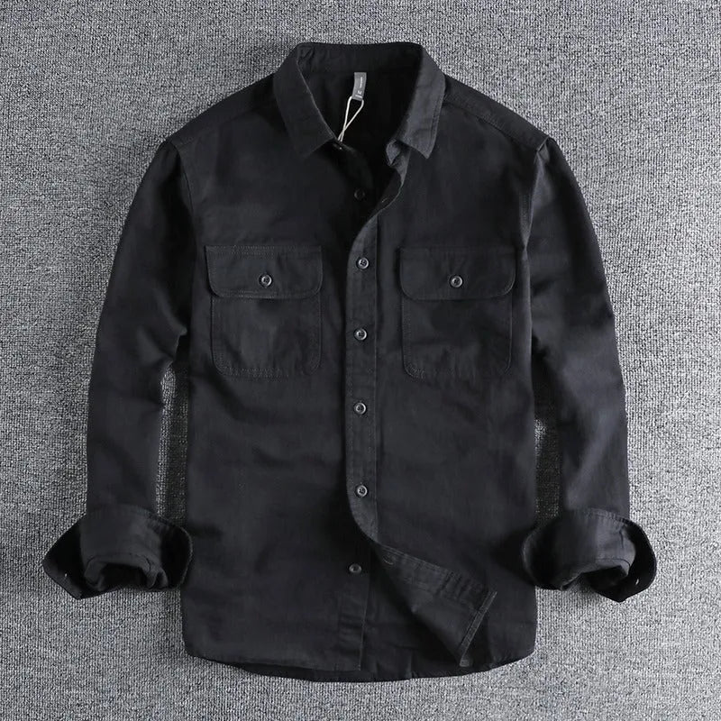 Men's loose fit long sleeve shirt overall in polyester fabric showing cardigan style and colour options