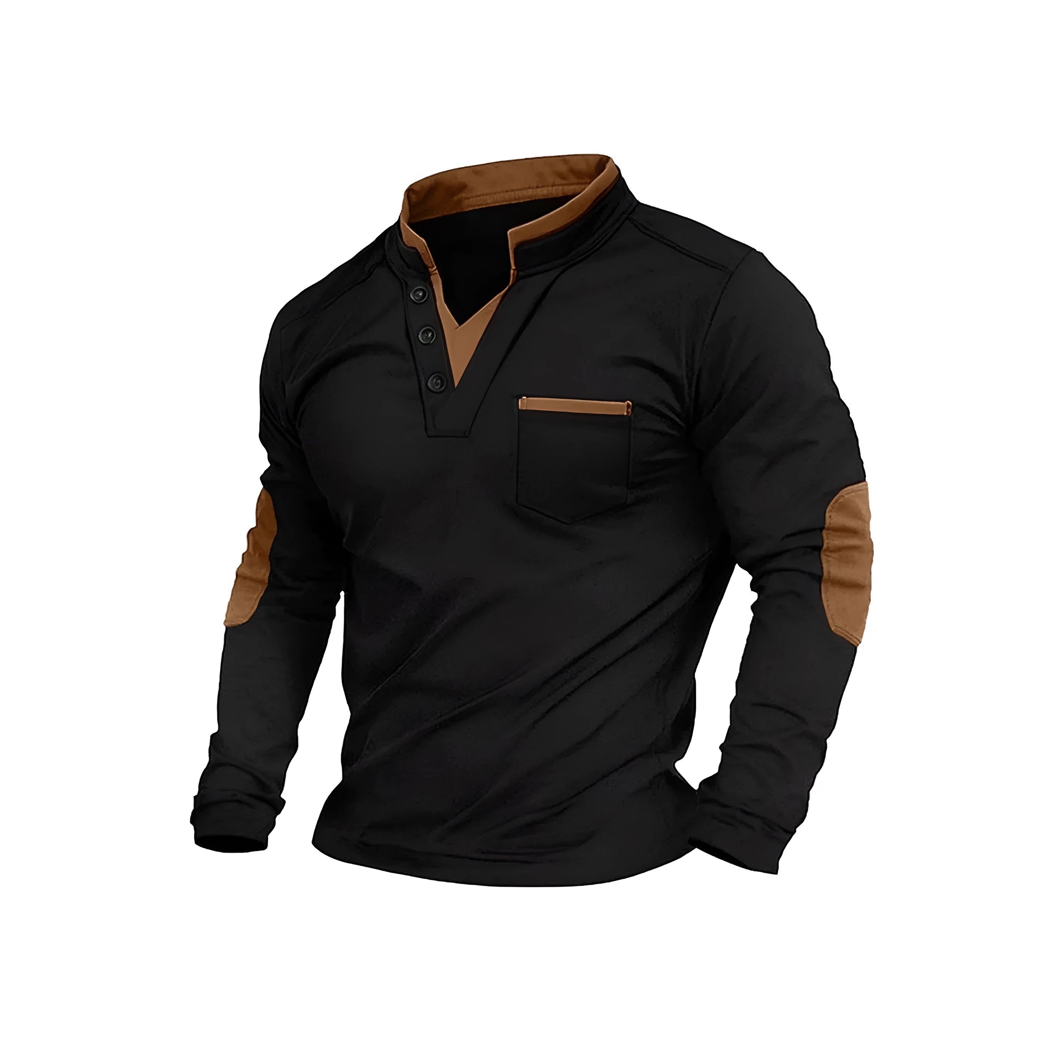 Men's stand collar long-sleeved sweater in solid black gray colour, stitching detail, pullover style, front view