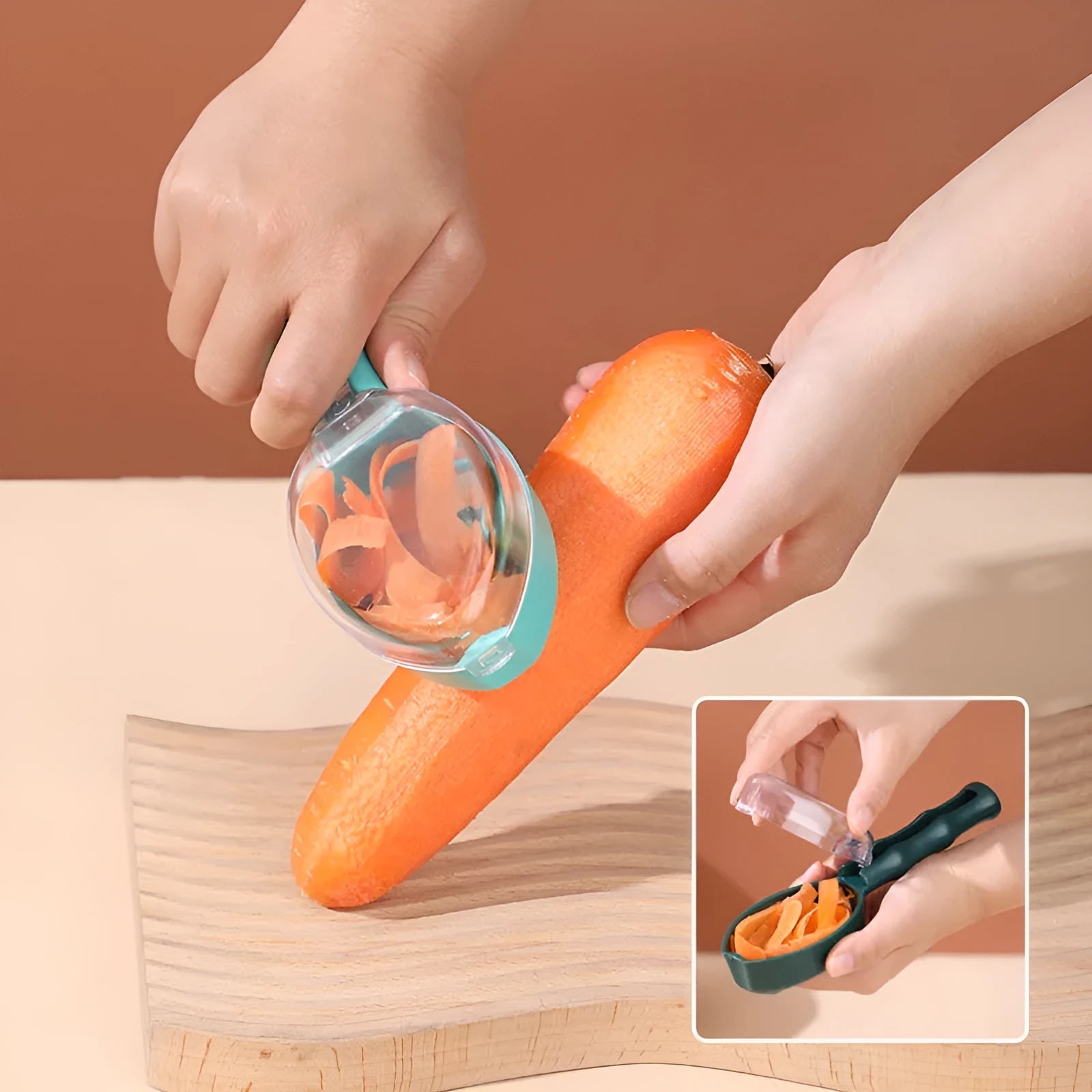 Yellow peeling knife with a blue storage lid on a kitchen counter.