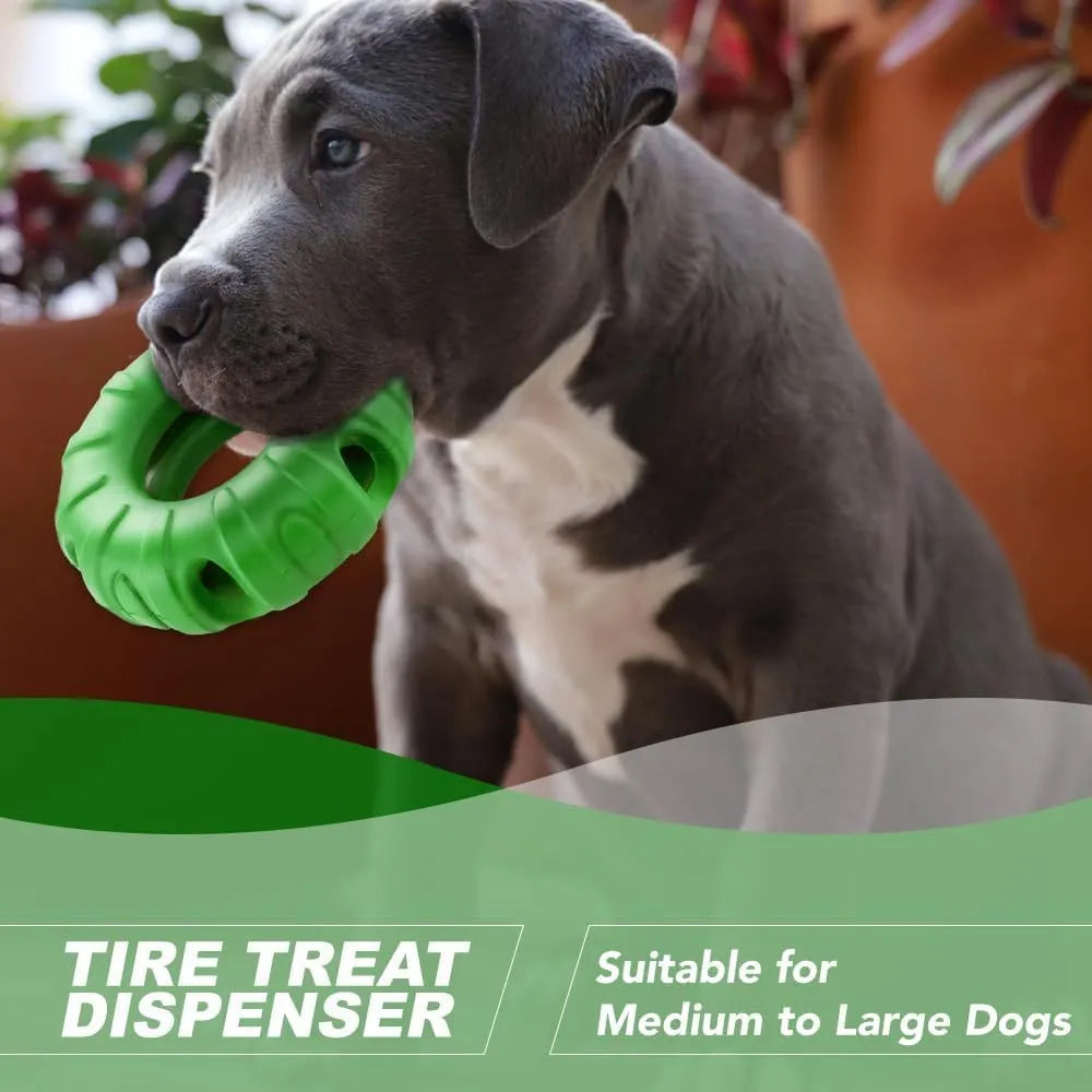 Blue green red beef flavoured tyre-shaped natural rubber dog chew toy and slow feeder