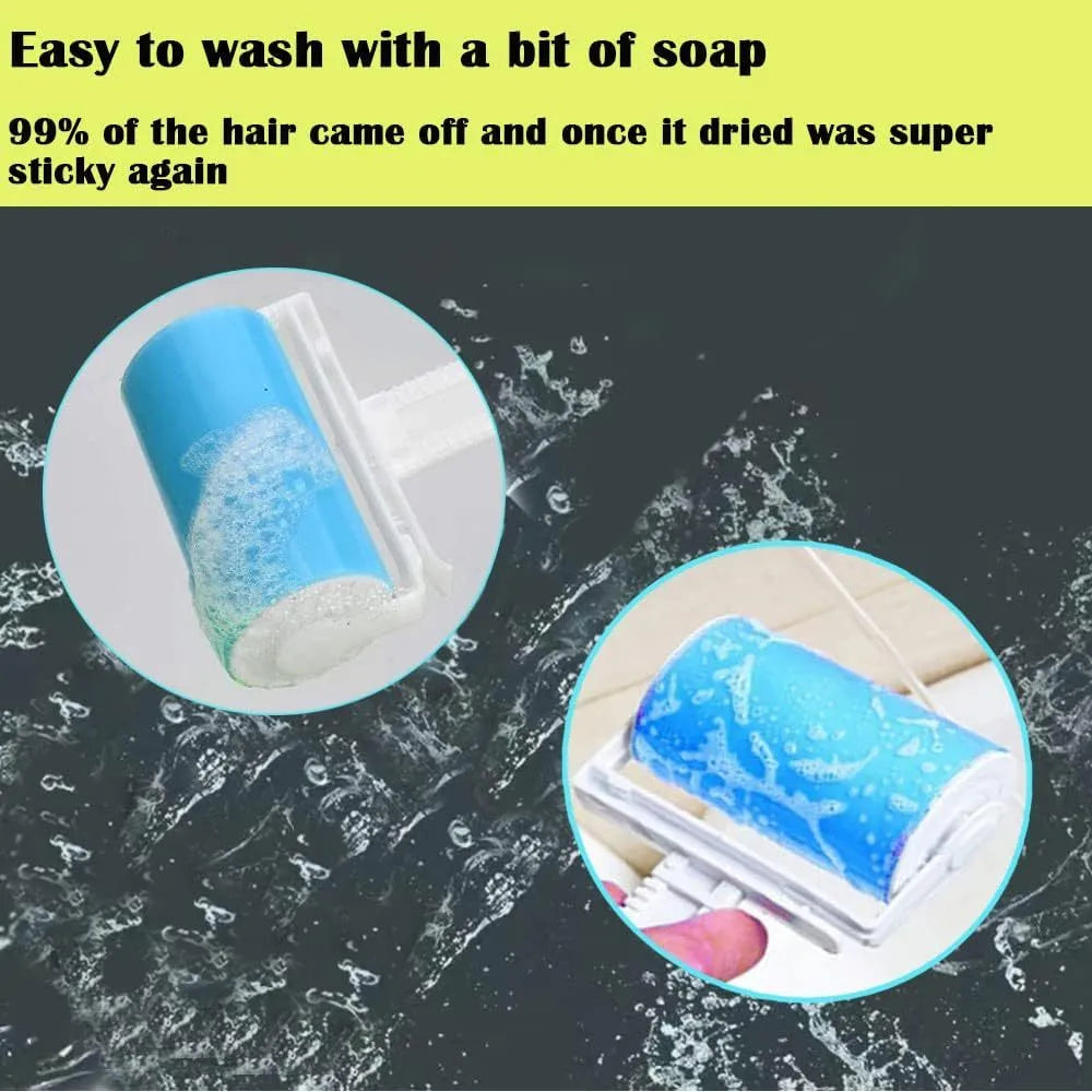 Blue washable lint roller with cover for removing pet hair from clothes and furniture