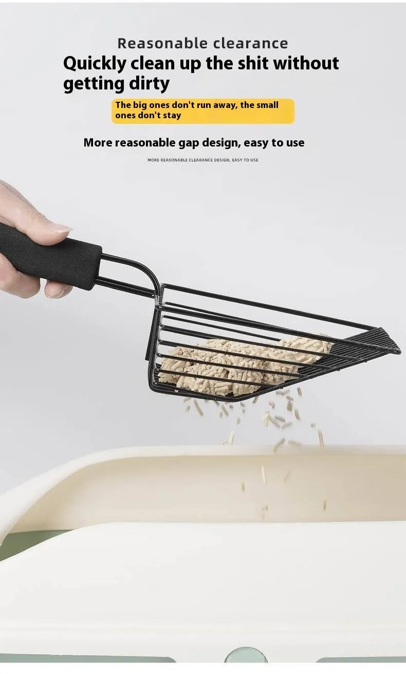 Black alloy metal cat litter scoop with 0.8cm sieve gaps for pet waste removal