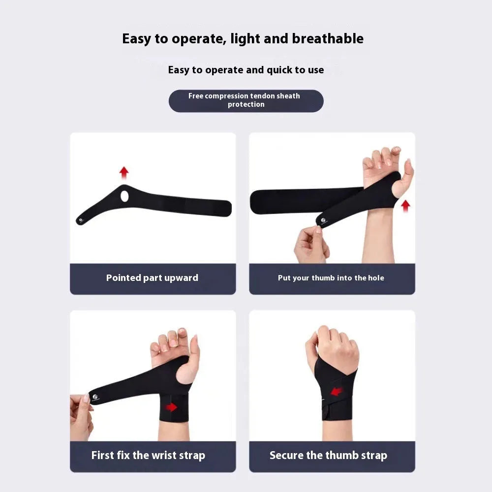Adjustable black athletic wristguard shown on a wrist, suitable for badminton, tennis, and volleyball.