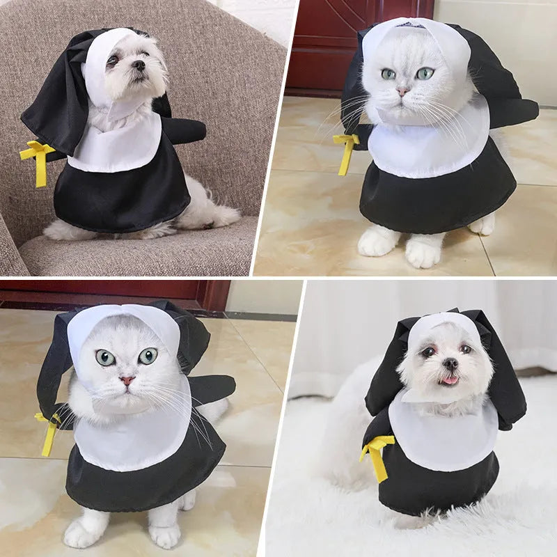 Black polyester nun costume for pets shown on dog, free size Halloween clothing