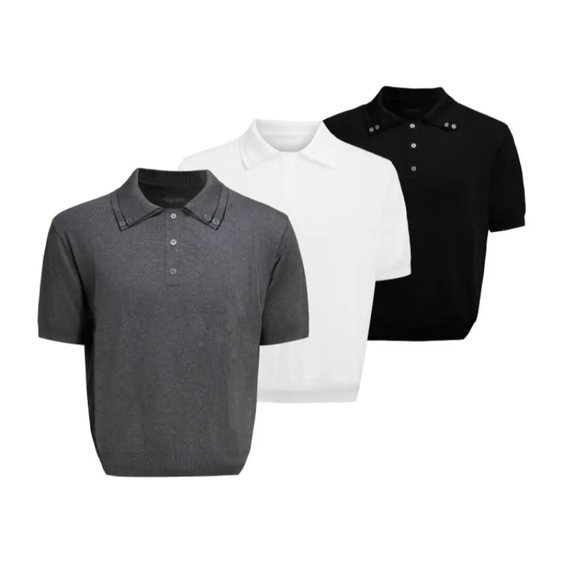 Men's black slim-fit double collar knit short sleeve shirt laid flat showing lapel detail