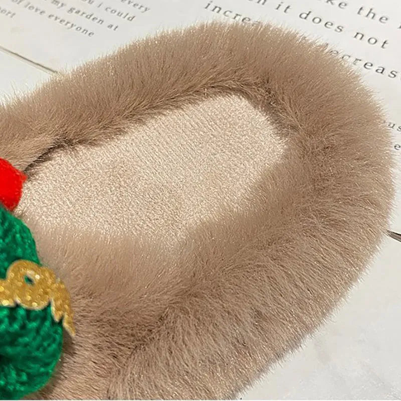 Women's Christmas hat decoration slippers in super hairy faux plush, showing black, khaki and white colour options.