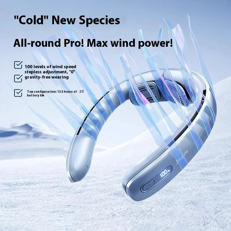 Silver grey hanging neck portable fan with a no-blade design and modern minimalist plastic case.
