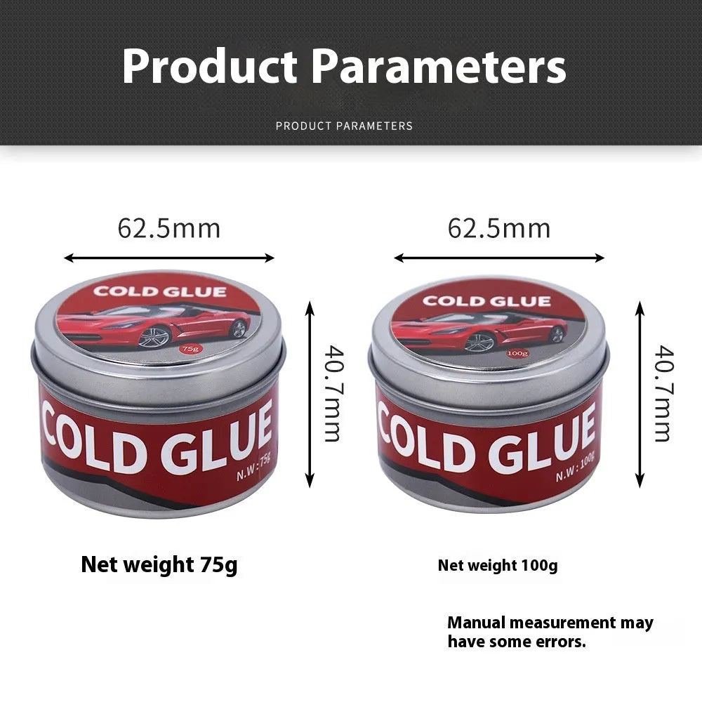 Container of special cold glue for car dent repair, showing 75g or 100g size option
