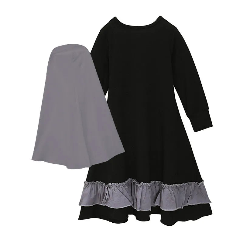 Girls' long sleeve cotton solid colour dress two-piece set with headscarf in black or red for spring autumn