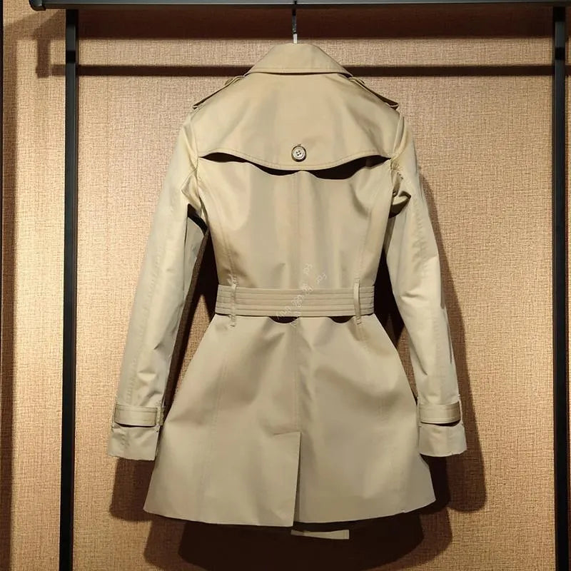Khaki women's trench coat with double-breasted front and flight sleeves