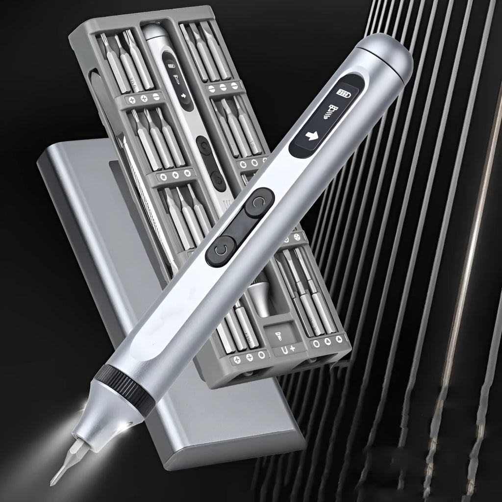 Compact aluminium electric screwdriver showing length and lightweight design for precision assembly work