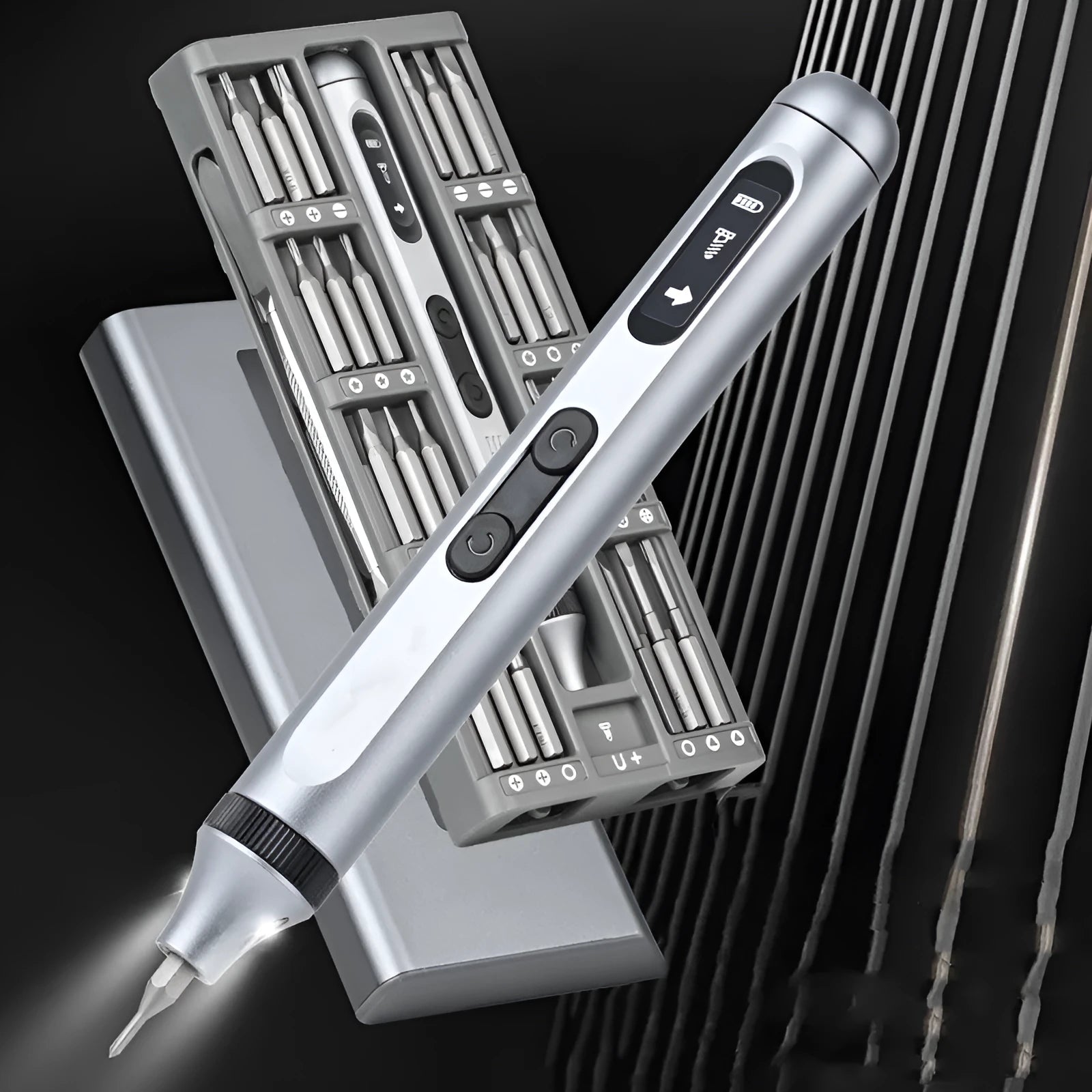 Compact aluminium electric screwdriver showing length and lightweight design for precision assembly work