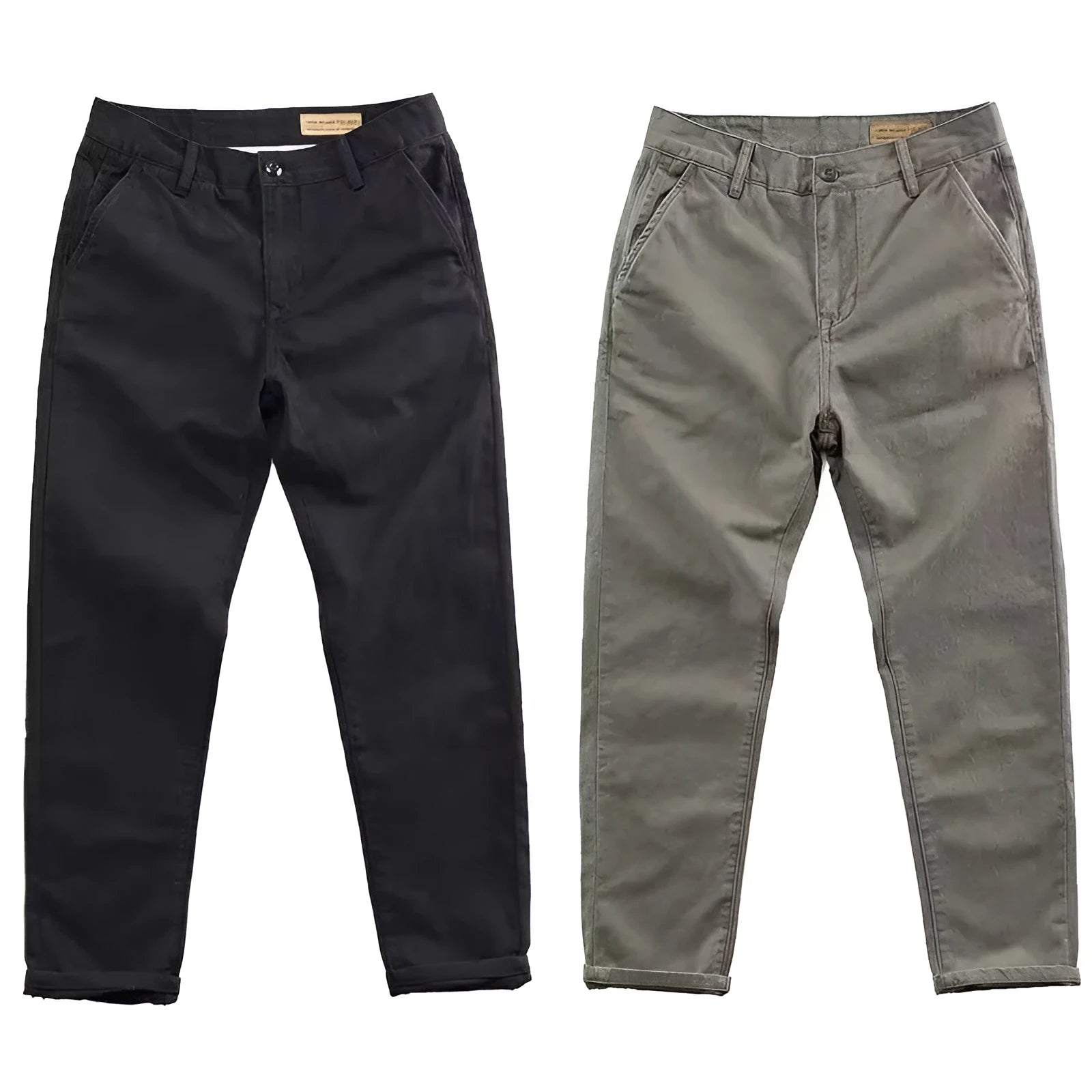 Man wearing slim fit straight-leg casual trousers in a grey washed fabric, showing business gentleman style.