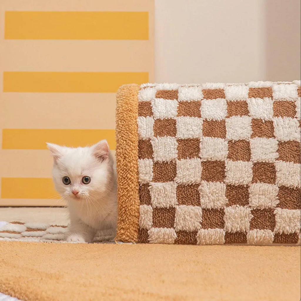 XL fan-shaped plaid tunnel pet bed for dogs and cats in coffee colour, showing plush fabric and anti-slip base.