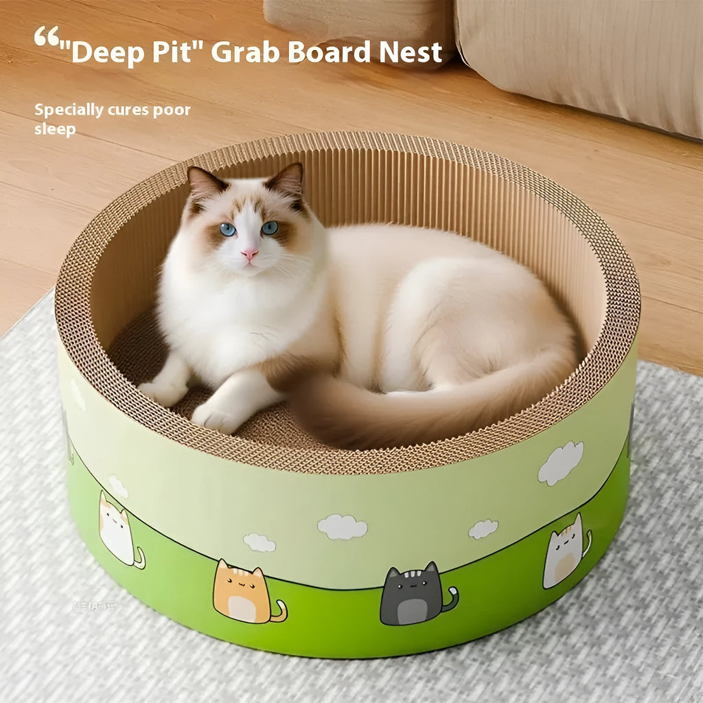 Large round grey cat scratch board with deep pit texture, shown next to a cat.