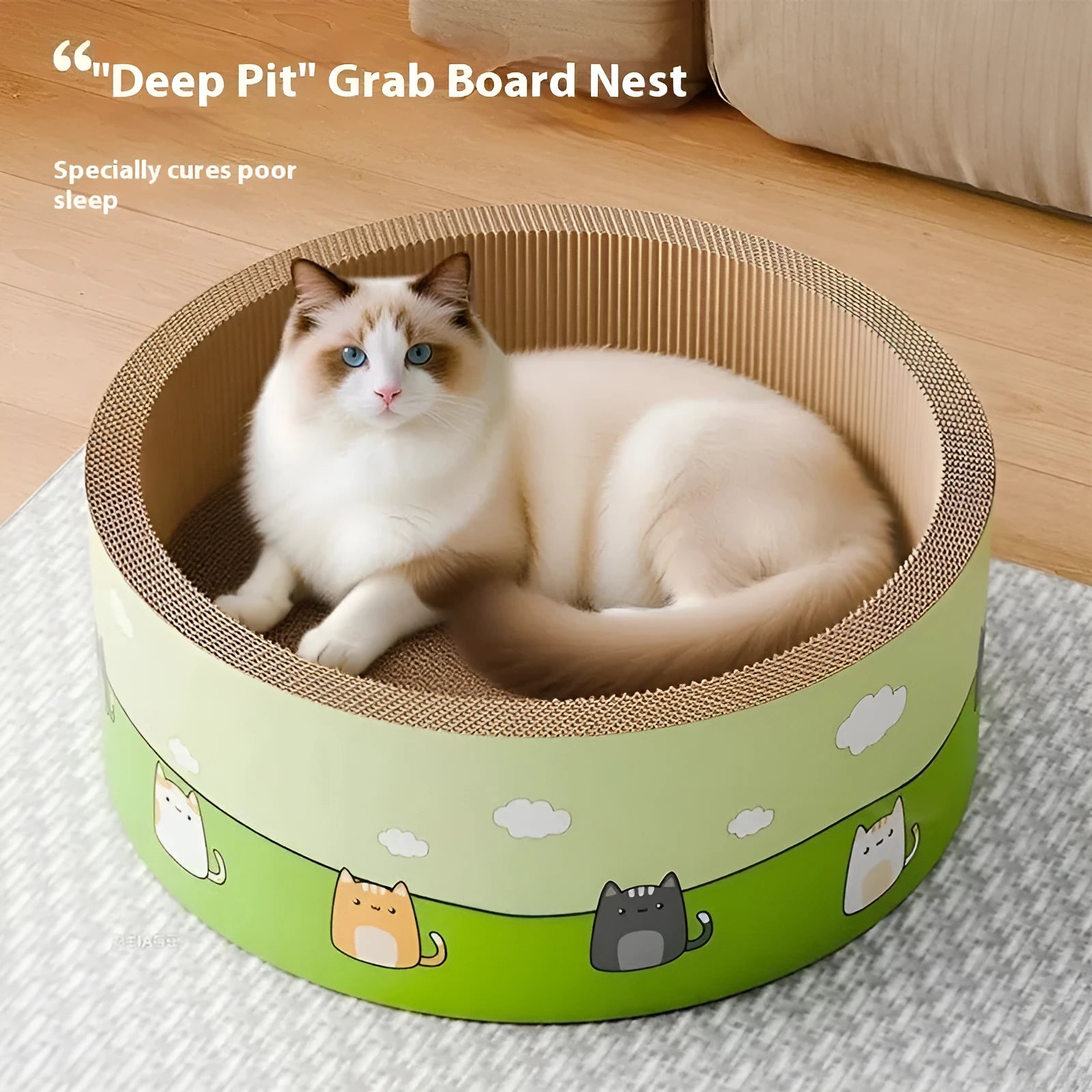 Large round grey cat scratch board with deep pit texture, shown next to a cat.