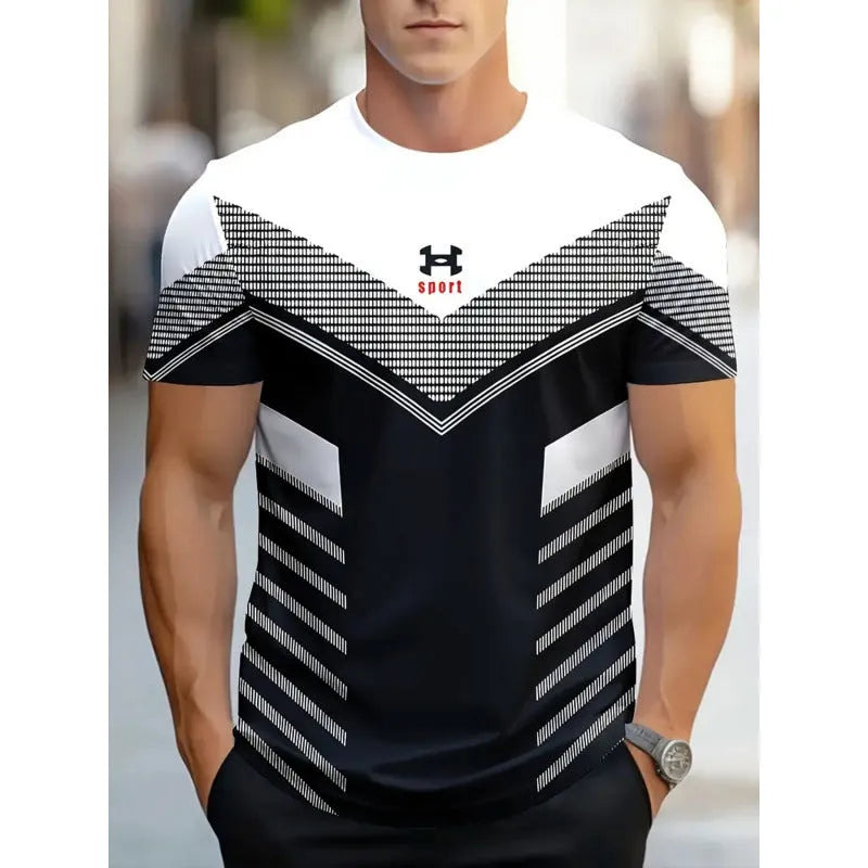 Men's short-sleeved T-shirt with striped digital 3D printing pattern in loose fit casual style