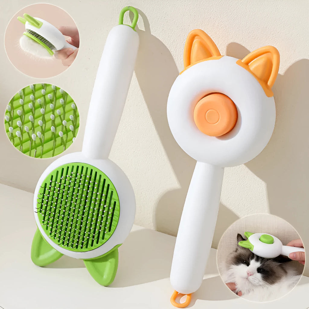 Self-cleaning cat grooming comb with stainless steel teeth in greenish white colour option