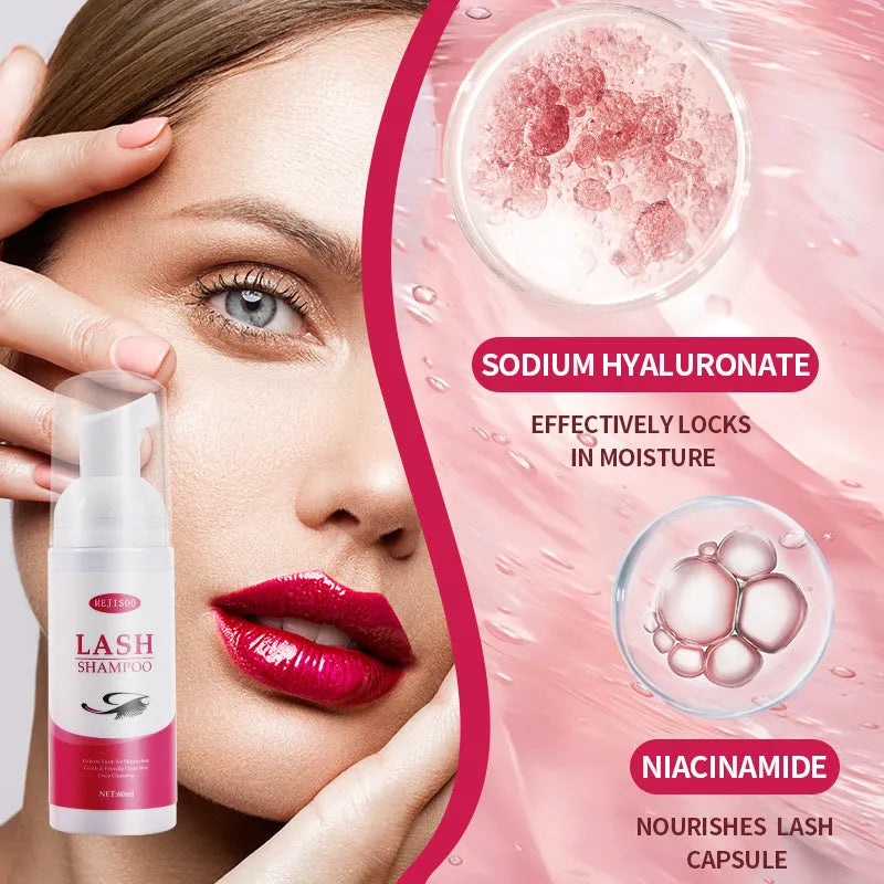 60ml Lash Shampoo Mousse bottle for eyelash cleaning, measuring 3.7cm by 13.5cm.