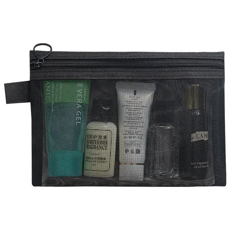 Transparent mesh nylon gauze cosmetics storage bag with zipper closure, available in multiple sizes