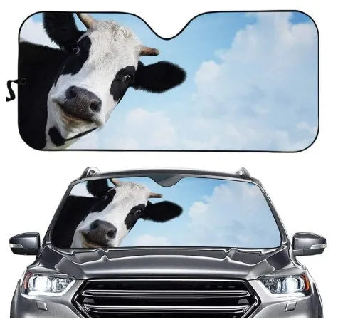 Telescopic aluminium foil car sun shield extended across a car windscreen.